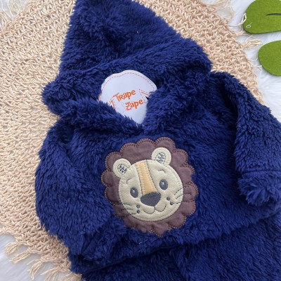 Macacão de Pelinho Sherpa Leão com Capuz - Marinho